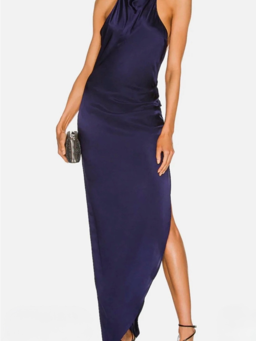 Amanda Uprichard Navy Satin Halter Maxi Dress with Side Slit